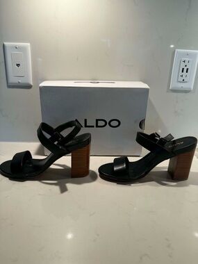 Aldo Black Leather Strappy Block Heel Sandals